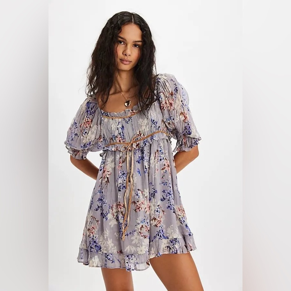 Free People Marney Mini Babydoll Dress Floral Puff Sleeve Velvet Ribbon NWT Sz L